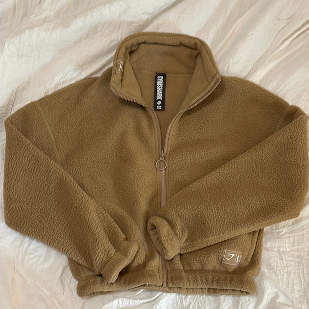 Gymshark Tan Teddy Jacket with High Collar and Cropped Fit